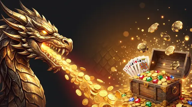 Bonus de bienvenue Dragonia Casino : dragon doré crachant des pièces vers un coffre au trésor