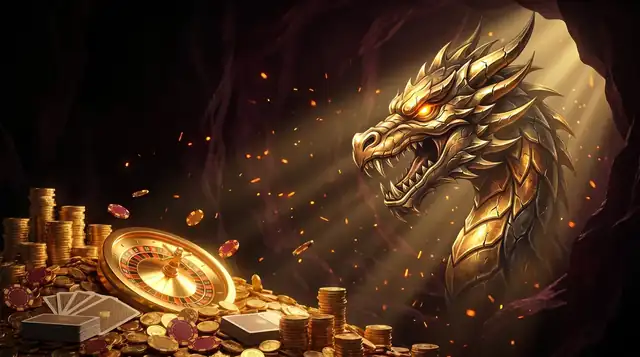 Dragon doré de Dragonia Casino surveillant un tas de jetons et une roulette